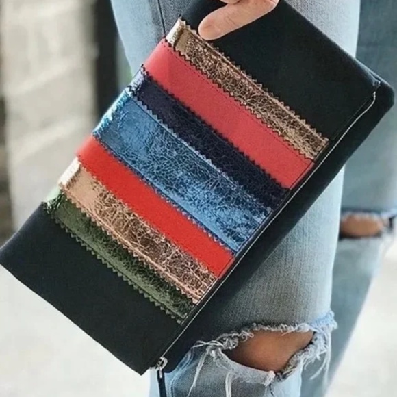 Stella & Dot Navy Multi Colored Metallic Clutch EUC - Picture 2 of 7